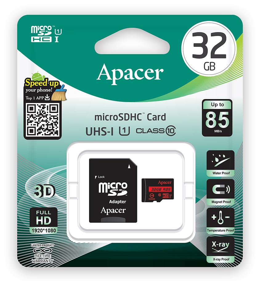 Карта памяти microSD, 32 GB, Apacer AP32GMCSH10U5-R, с адаптером