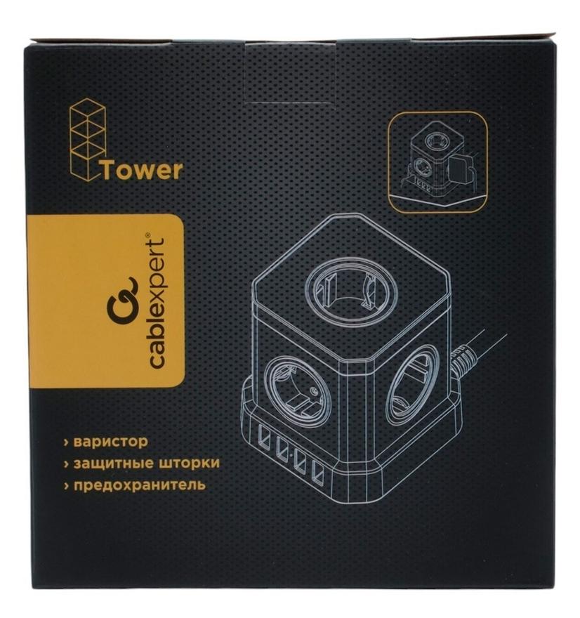 Сетевой фильтр Cablexpert Tower, TWR-5-U4-B-3, 5р, 10А, 4хUSB, 3.1А, 3м, ур.защ. 4+, коробка черный