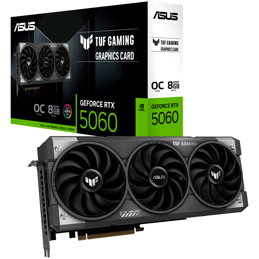 Видеокарта Asus GeForce RTX 5060 TUF Gaming OC Edition (TUF-RTX5060-O8G-GAMING) [8 ГБ, GDDR7, 128 бит, HDMI, DisplayPort (3 шт)]