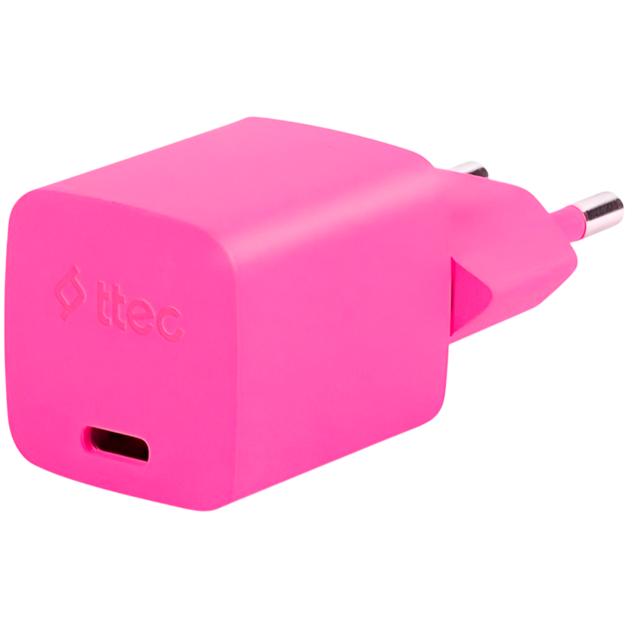 ttec SmartCharger GAN 20W PD (2SCG20LNP) Travel Fast Charger + USB-C - Lightning Cable 120cm, Neon Pink