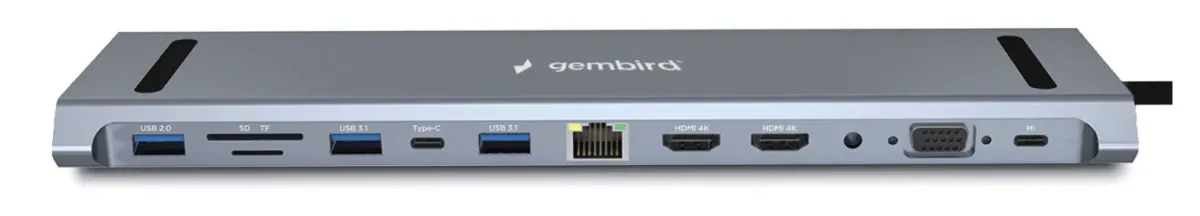 Концентратор USB Gembird  UHB-D6, черный Hub12 port, 2xUSB3.1, PD87, Jack3.5, SD/TF, 2xHDMI, RJ45, VGA, USB2.0, Type-C