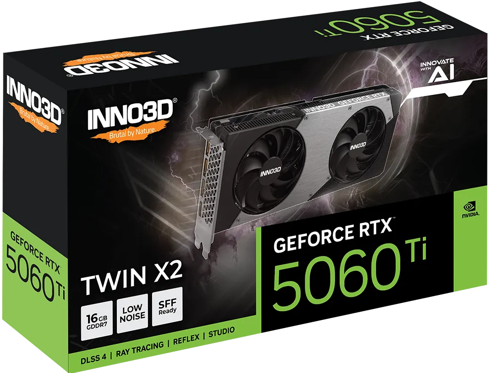 Видеокарта Inno3D GeForce RTX 5060 Ti 16GB TWIN X2 (N506T2-16D7-191073N) [16 ГБ, GDDR7, 128 бит, HDMI, DisplayPort (3 шт)]