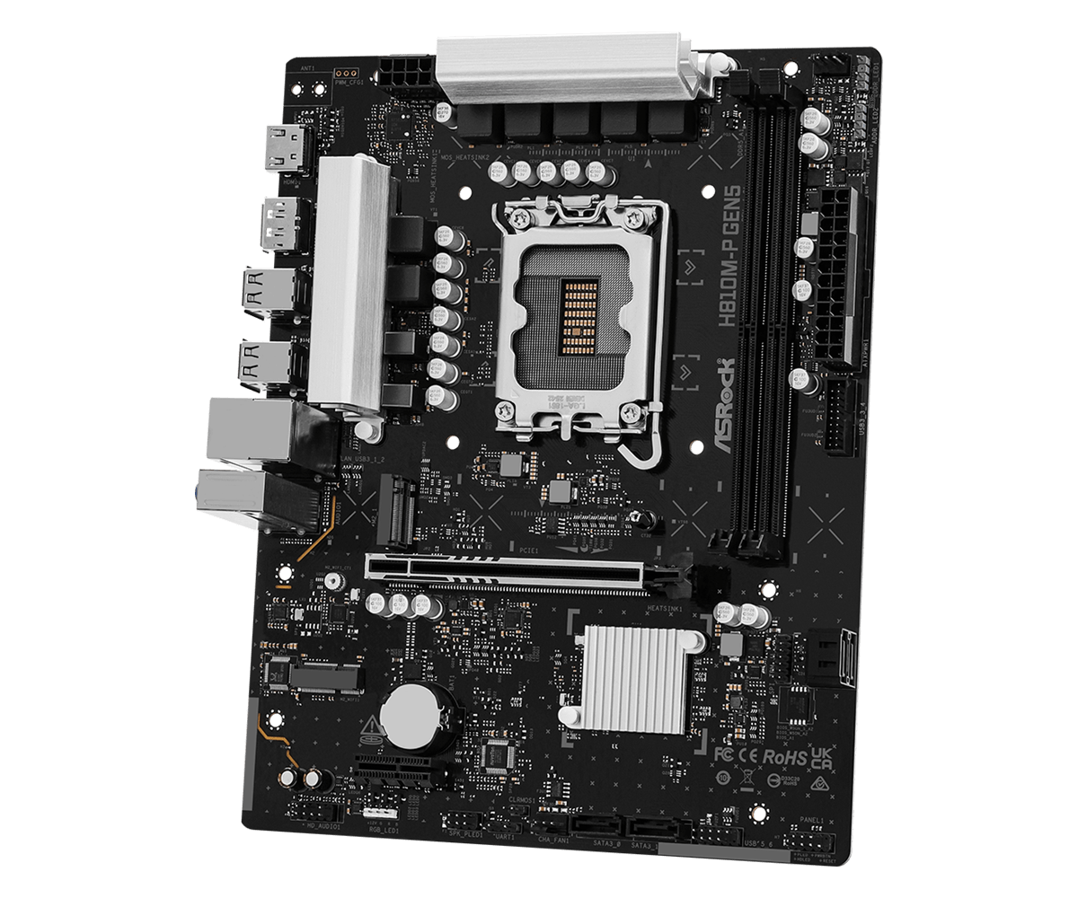 Материнская плата ASRock H810M-P Gen5 [LGA 1851, Intel H810, 2xDDR 5, 1xM.2, 1xPCI-E x16, Micro-ATX]