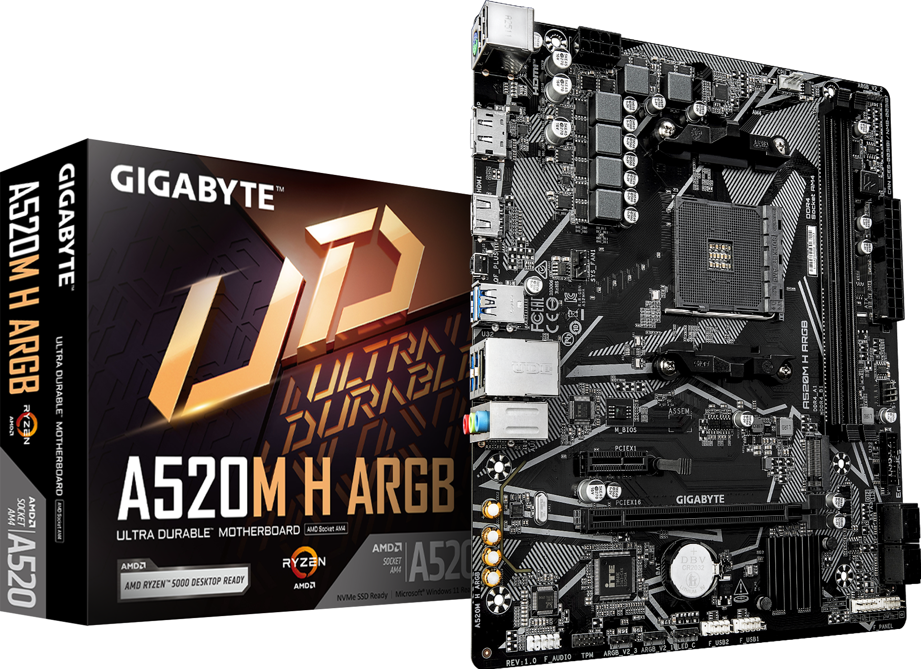 Материнская плата Gigabyte A520M H ARGB [AM4, AMD A520, 2xDDR 4, 1xM.2, 1xPCI-E x16, Micro-ATX]