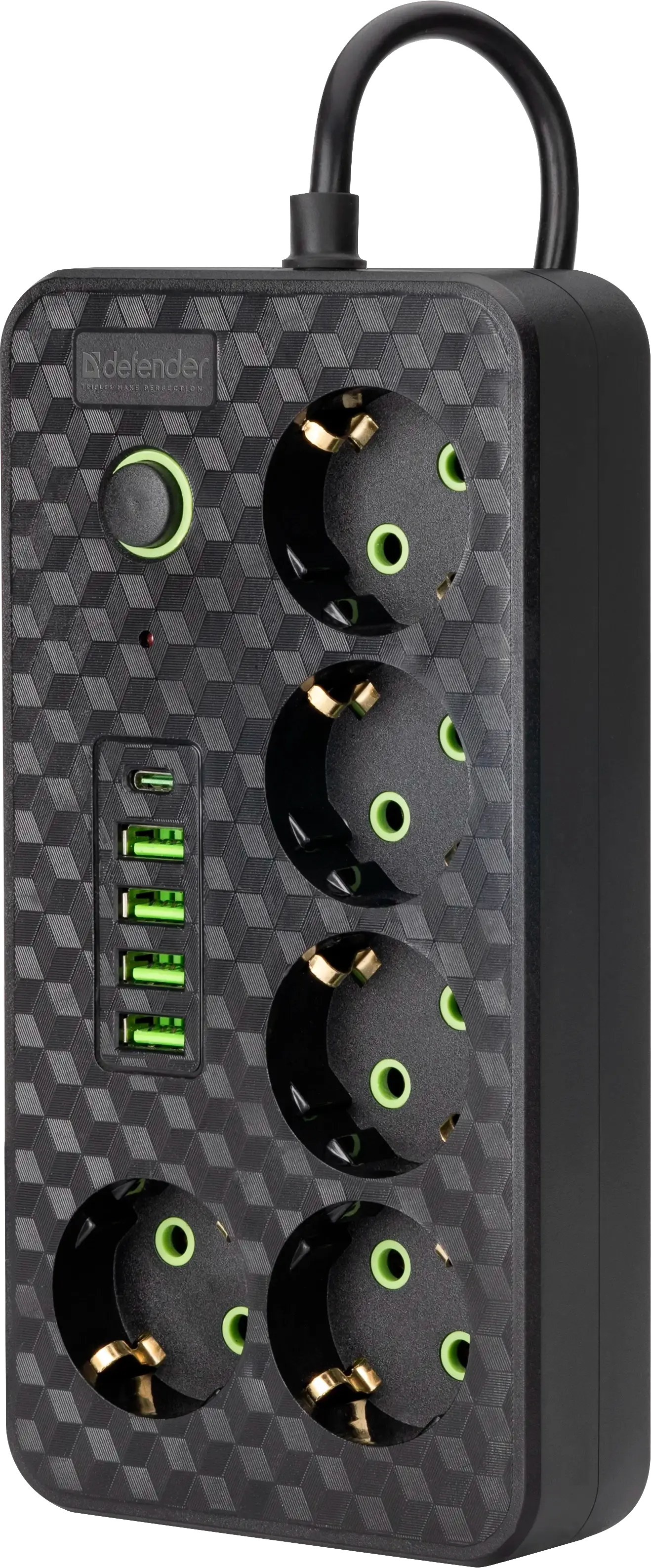 Удлинитель Defender без заземления R218 (99292) 3 м, 5 розеток, 4xUSB, 1xType-C, черный