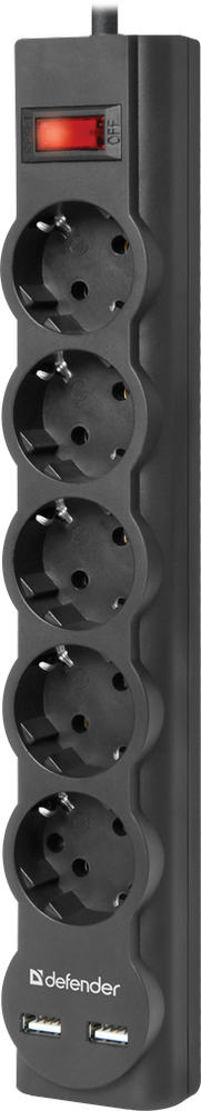 Сетевой фильтр Defender DFS 755 - 5,0 М, 2xUSB, 2.1A, 5 розеток 
