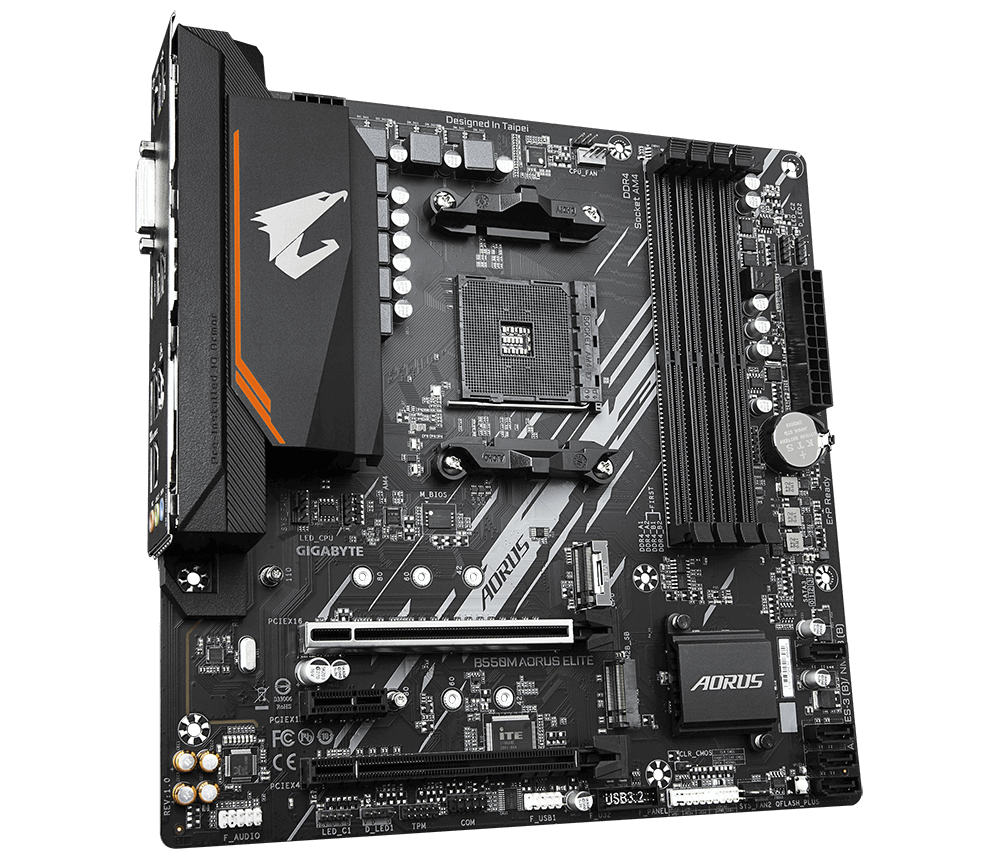 Материнская плата Gigabyte B550M AORUS ELITE, [AM4, AMD B550, 4xDDR 4, 2xM.2, 2xPCI-E x16, Micro-ATX]