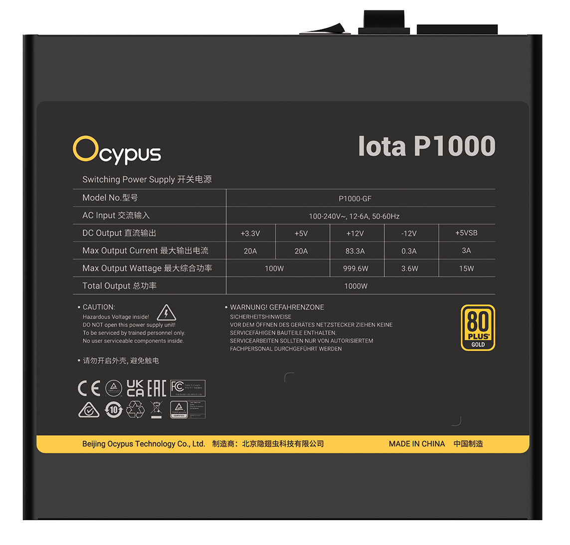 Блок питания Ocypus Iota P1000 (Iota-P1000-G1FFBK024X-EU) [1000 Вт, 80 PLUS Gold, 8x SATA, 1 x 16 pin (12VHPWR), 3 x 6+2 pin PCIe, 2x 4+4 pin CPU, ATX]