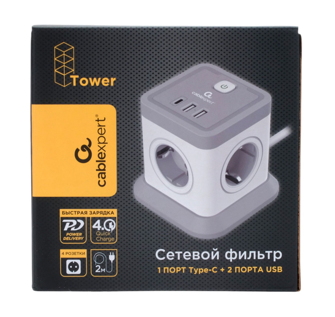 Сетевой фильтр Cablexpert Tower, TWR-4-CU2-W-2, 4р, 10А, 1xType-C PD, 20Вт, 2хUSB, 2м, защ. 2+ белый