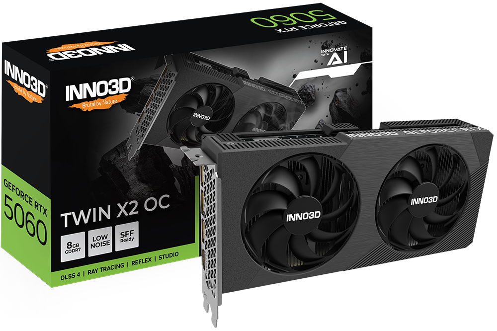 Видеокарта Inno3D GeForce RTX 5060 8GB TWIN X2 OC V2 (N50602-08D7X-195071N) [8 ГБ, GDDR7, 128 бит, HDMI, DisplayPort (3 шт)]