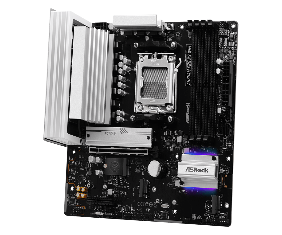 Материнская плата ASRock A620AM PRO RS WIFI [AM5, AMD A620, 4xDDR 5, 3xM.2, 1xPCI-E x16, Micro-ATX]