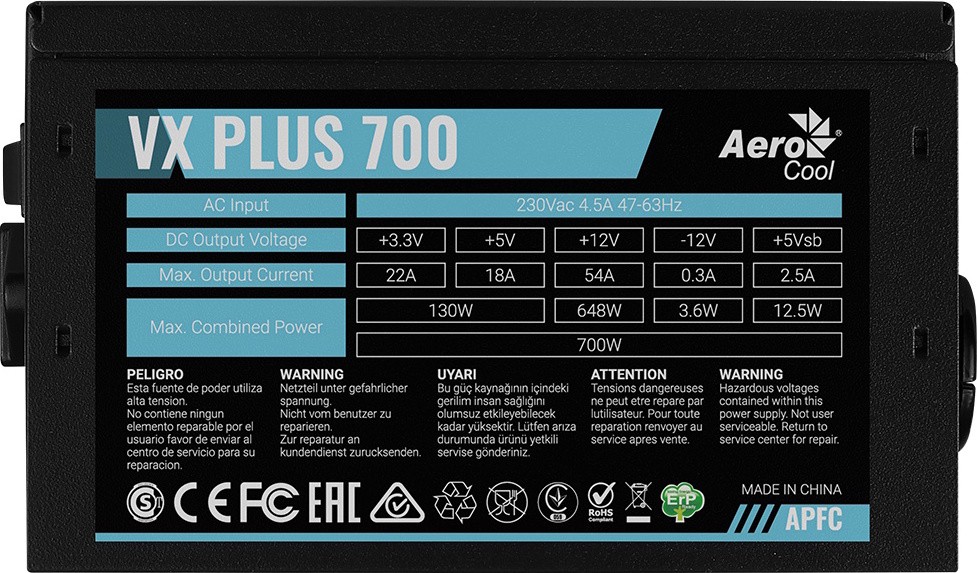 Блок питания AeroCool VX PLUS Stealth 700 (ACPN-VS70AEY.12) [700 Вт, 80 PLUS нет, 4x SATA, 2 x 6+2 pin PCIe, 1x 4+4 pin CPU, ATX]