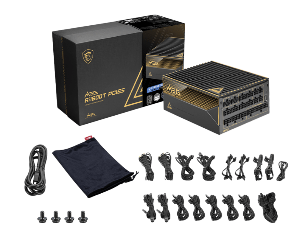 Блок питания MSI MEG Ai1600T PCIE5 [1600 Вт, 80 PLUS Titanium, 8x SATA, 2 x 16 pin (12VHPWR), 9 x 6+2 pin PCIe, 2x 4+4 pin CPU, EPS12V, ATX]