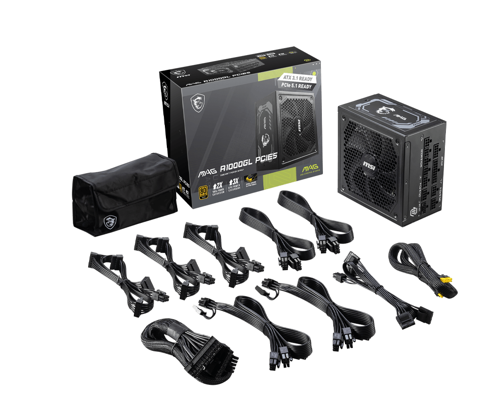 Блок питания MSI MAG A1000GL PCIE5 [1000 Вт, 80 PLUS Gold, 12x SATA, 1 x 16 pin (12VHPWR), 4 x 6+2 pin PCIe, 2x 4+4 pin CPU, ATX]