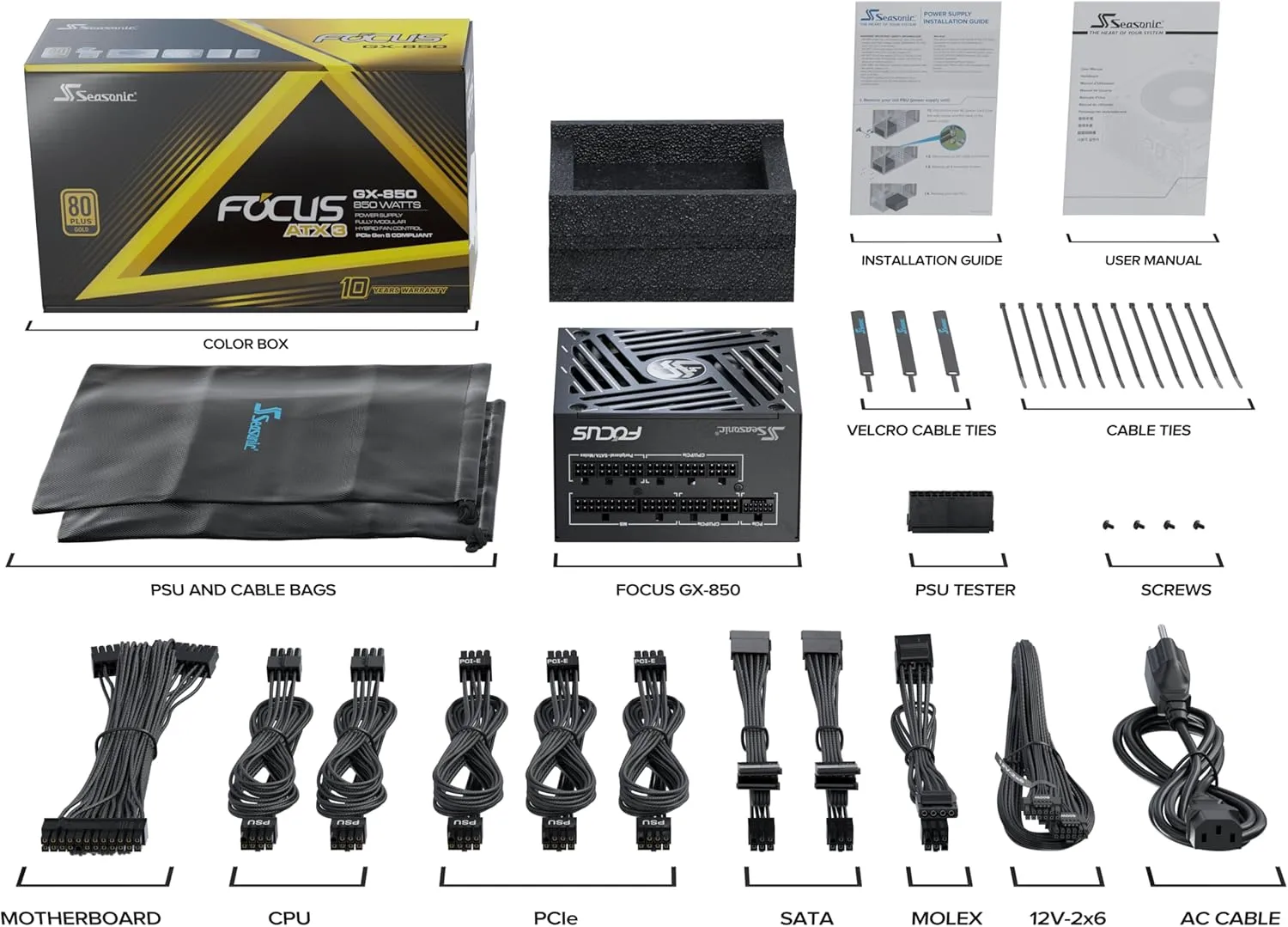 Блок питания Seasonic Focus GX-850-V4 (SRP-FGX851-A5A32SF) [850 Вт, 80 PLUS Gold, 3x SATA, 1 x 16 pin (12VHPWR), 3 x 6+2 pin PCIe, 1x 4+4 pin CPU, ATX]