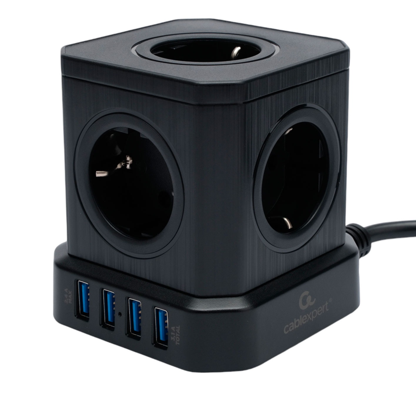 Сетевой фильтр Cablexpert Tower, TWR-5-U4-B-2, 5р, 10А, 4хUSB, 3.1А, 2м, ур.защ. 4+, коробка черный