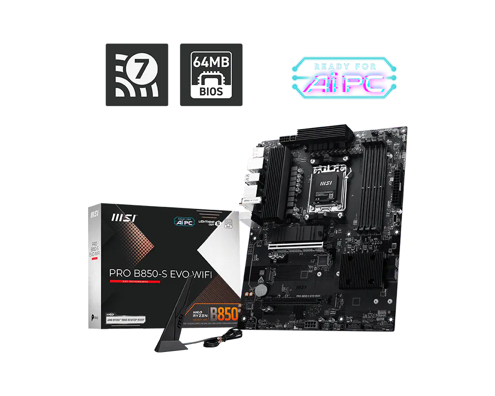 Материнская плата MSI PRO B850-S EVO WIFI [AM5, AMD B850, 4xDDR 5, 3xM.2, 1xPCI-E x16, Standard-ATX]