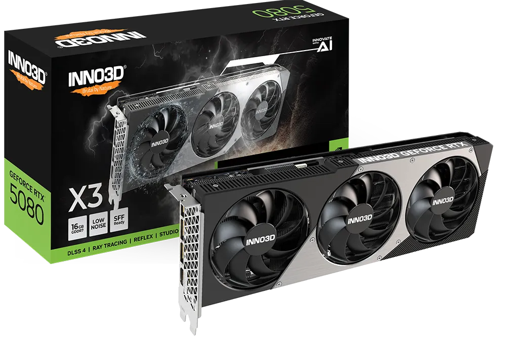 Видеокарта Inno3D GeForce RTX 5080 X3 (N50803-16D7-176068N) [16 ГБ, GDDR7, 256 бит, HDMI, DisplayPort (3 шт)]