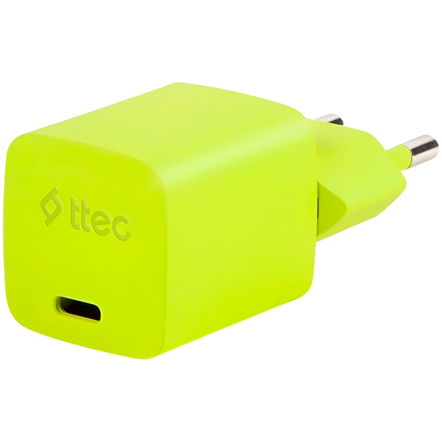 ttec SmartCharger GAN 20W PD (2SCG20CNS) Travel Fast Charger + USB-C - USB-C 3A Cable 120cm, Neon Yellow