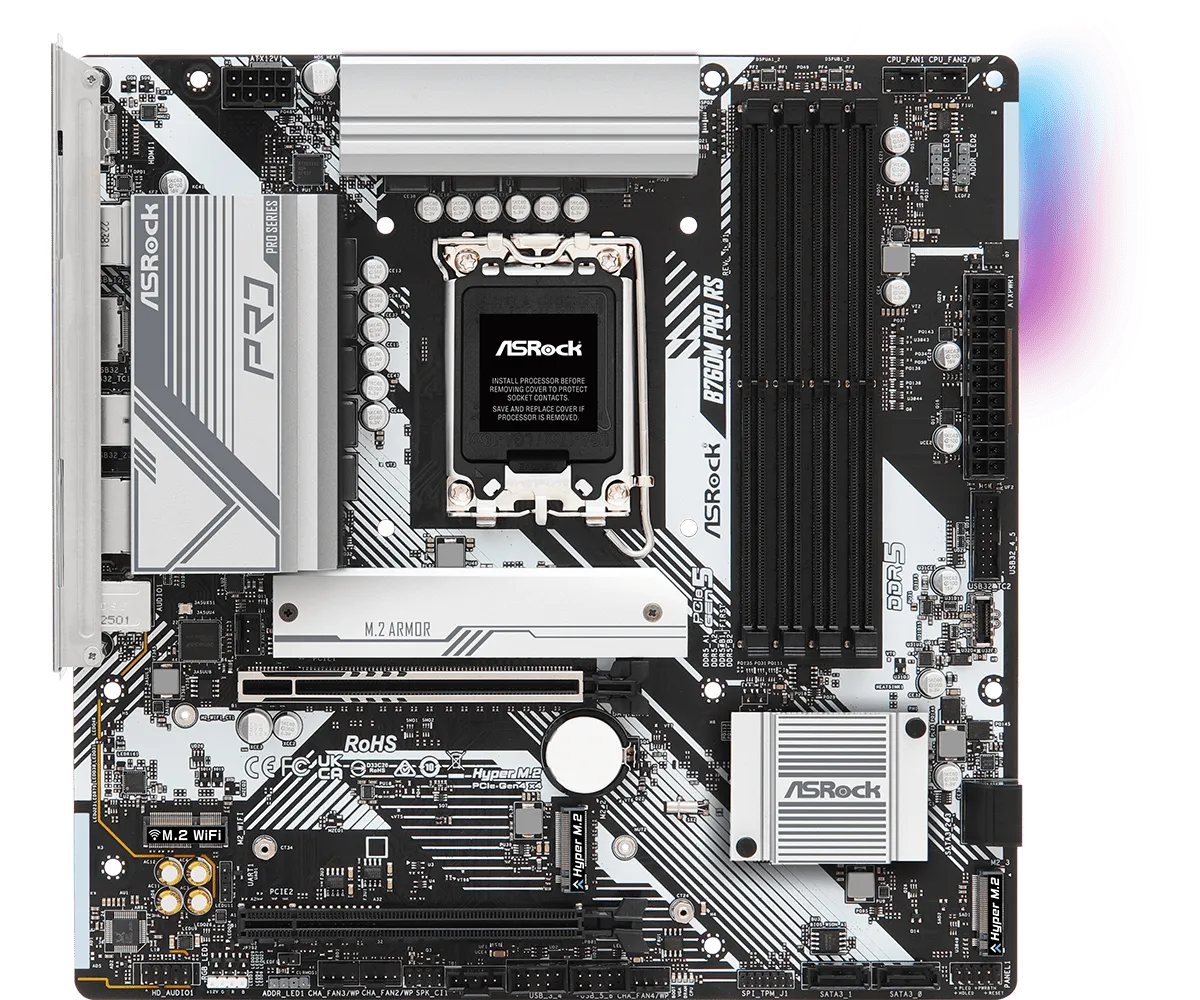 Материнская плата ASRock B760M PRO RS [LGA 1700, Intel B760, 4xDDR 5, 3xM.2, 2xPCI-E x16, Micro-ATX]