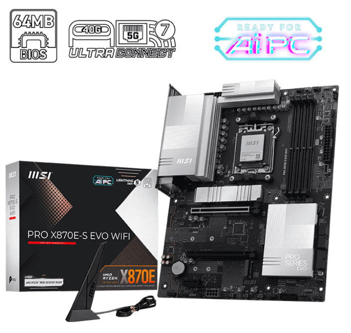 Материнская плата MSI PRO X870E-S EVO WIFI [AM5, AMD X870E, 4xDDR 5, 3xM.2, 2xPCI-E x16, Standard-ATX]