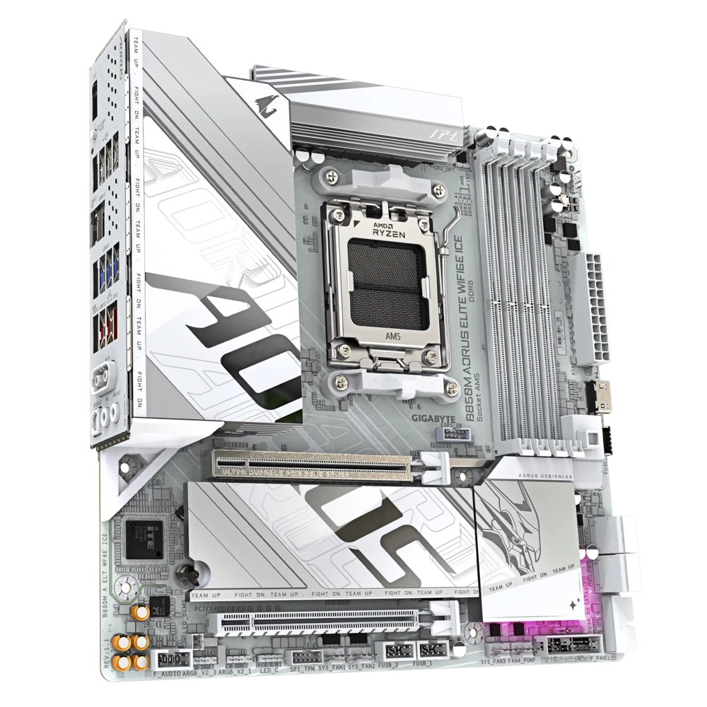 Материнская плата Gigabyte B850M A ELITE WIFI6E ICE (B850M A ELT WF6E ICE 1.1) [AM5, AMD B850, 4xDDR 5, 3xM.2, 2xPCI-E x16, Micro-ATX]