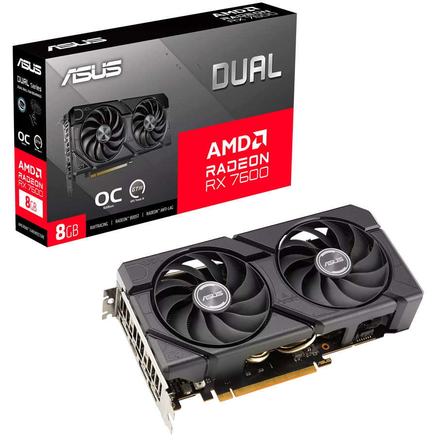 Видеокарта Asus Dual Radeon RX 7600 EVO OC (DUAL-RX7600-O8G-EVO) [8 ГБ, GDDR6, 128 бит, HDMI, DisplayPort (3 шт)]
