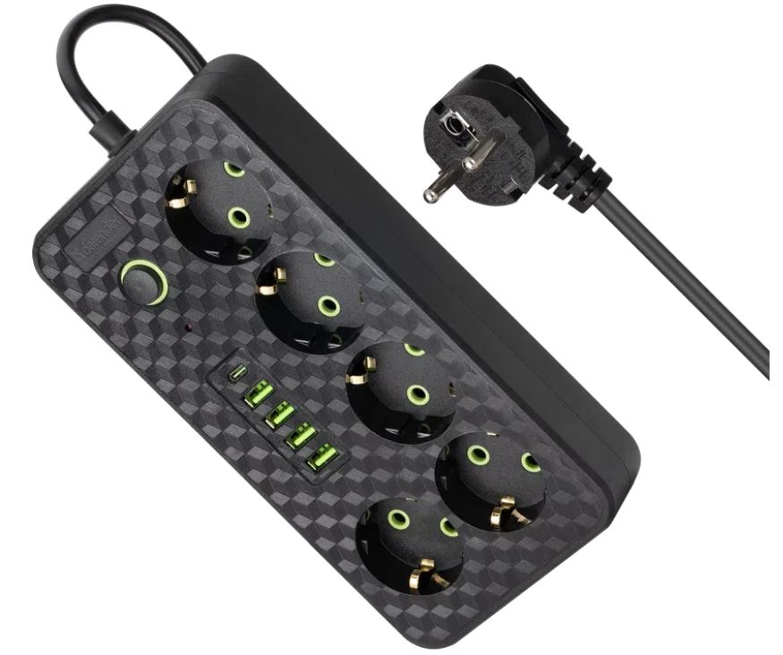 Удлинитель Defender без заземления R218 (99292) 3 м, 5 розеток, 4xUSB, 1xType-C, черный