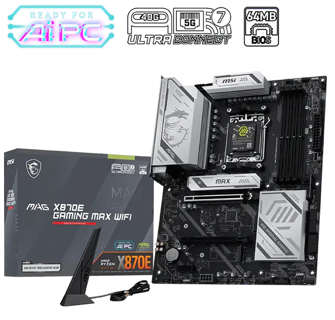 Материнская плата MSI MAG X870E GAMING MAX WIFI [AM5, AMD X870E, 4xDDR 5, 3xM.2, 2xPCI-E x16, Standard-ATX]