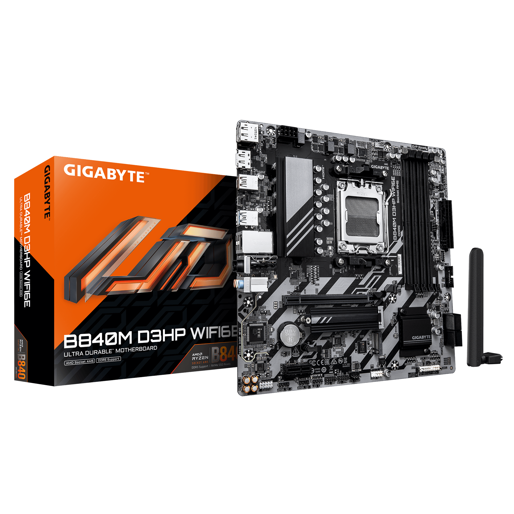 Материнская плата Gigabyte B840M D3HP WIFI6E [AM5, AMD B840, 4xDDR 5, 2xM.2, 1xPCI-E x16, Micro-ATX]