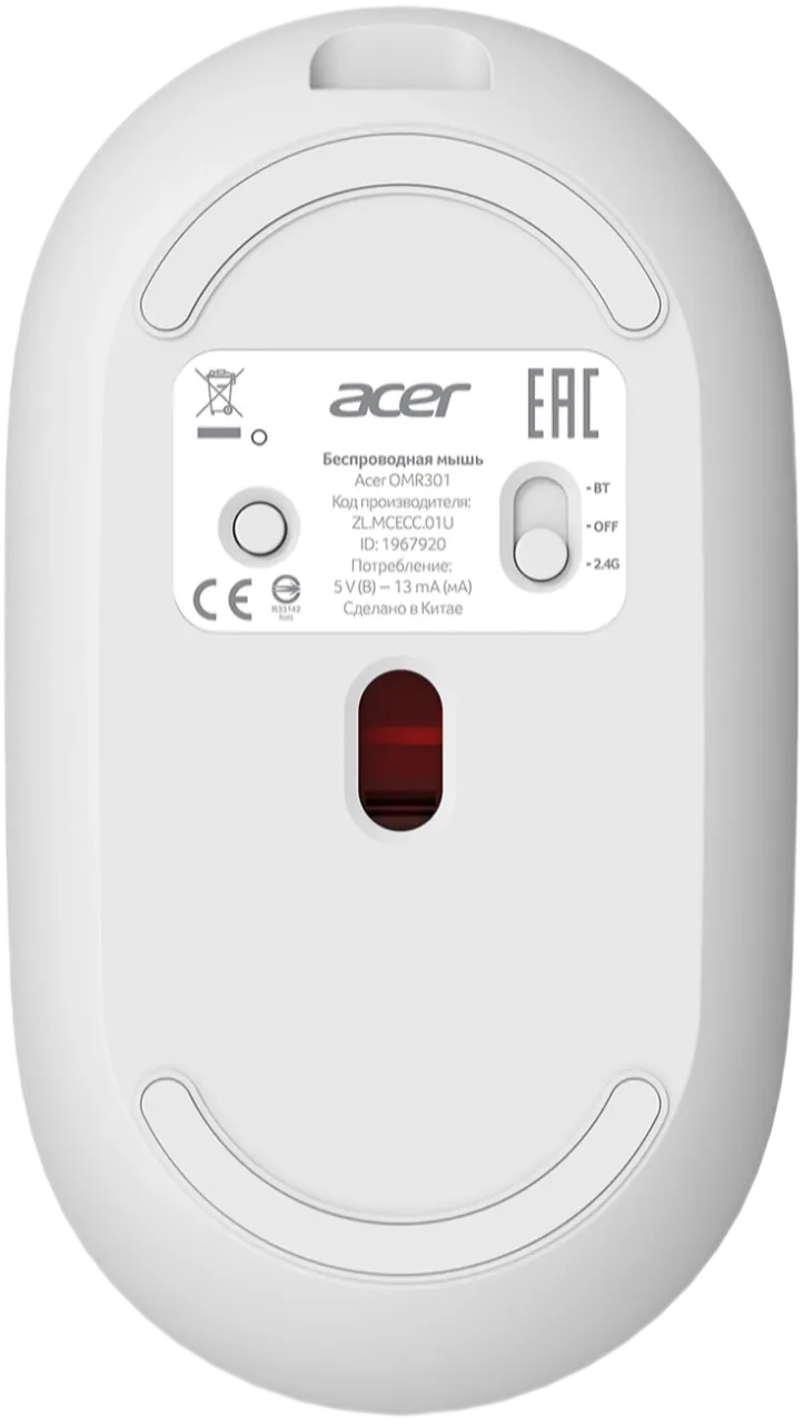 Мышь Acer OMR301 (ZL.MCECC.01U) [беспроводная, светодиодная, 1600 DPI, белый]
