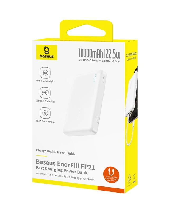 Портативный внешний аккумулятор, Baseus, EnerFill FP21, (P1008210D213-00), 10000mAh, 22.5W, Белый