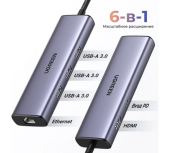 Конвертер Ugreen CM512 USB-C To 3*USB 3.0 A+HDMI+RJ45+PD 15598