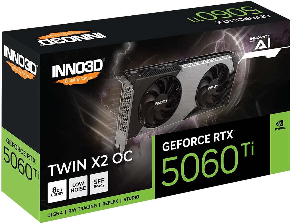 Видеокарта Inno3D GeForce RTX 5060 Ti 8GB TWIN X2 OC (N506T2-08D7X-193075N) [8 ГБ, GDDR7, 128 бит, HDMI, DisplayPort (3 шт)]