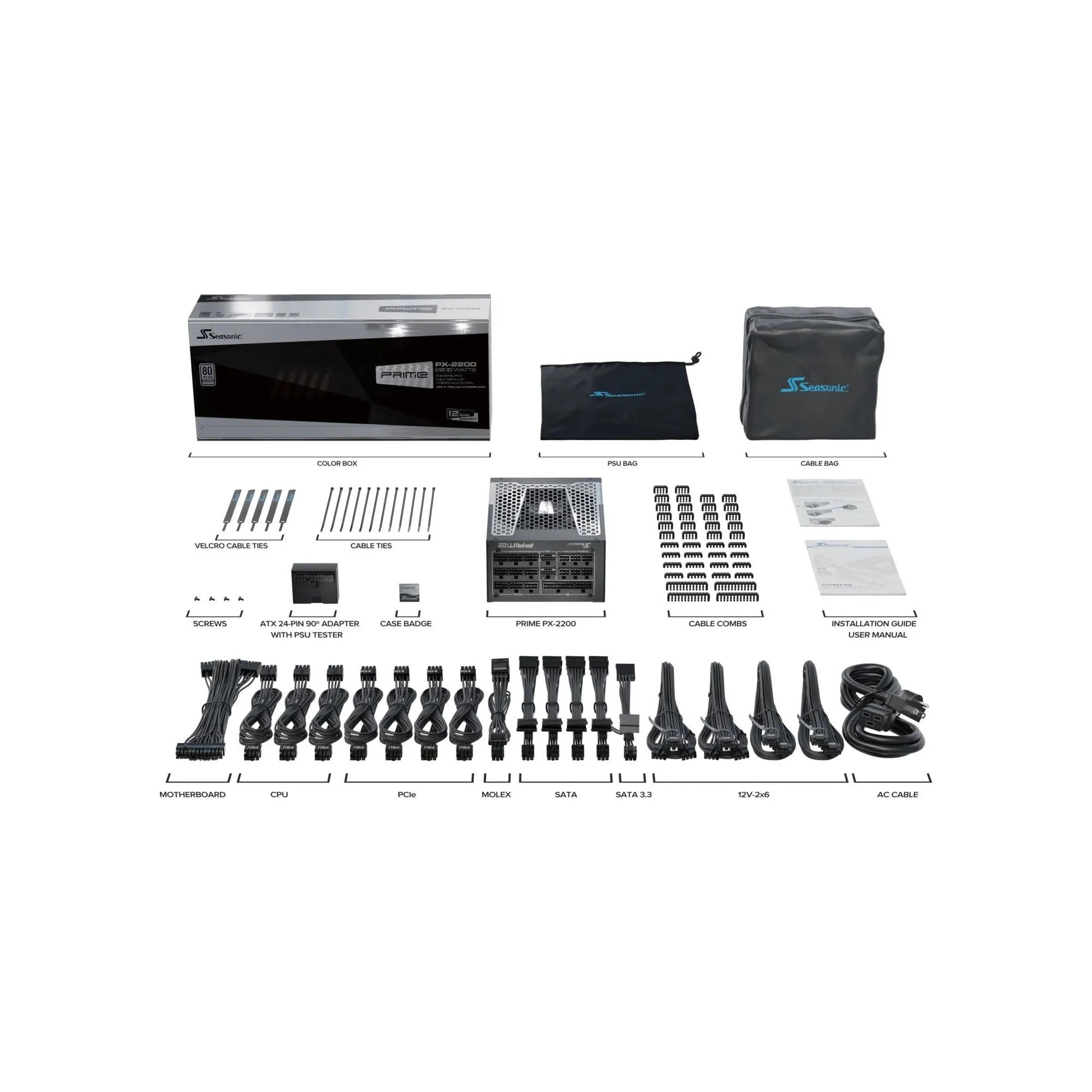 Блок питания Seasonic PX-2200 (SRP-PPX222-A5A22ST) [2200 Вт, 80 PLUS Platinum, 18x SATA, 4x 6+2 pin, 2x 16 pin (12VHPWR) PCIe, 3x 4+4 pin CPU, ATX]