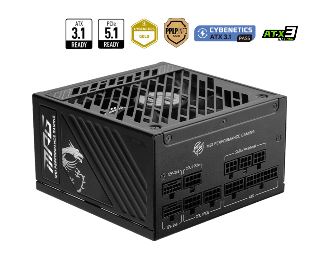 Блок питания MSI MPG A1250GS PCIE5 [1250 Вт, 80 PLUS Gold, 8x SATA, 1x 6+2 pin, 2 x 16 pin (12VHPWR) PCIe, 2x 4+4 pin CPU, ATX]