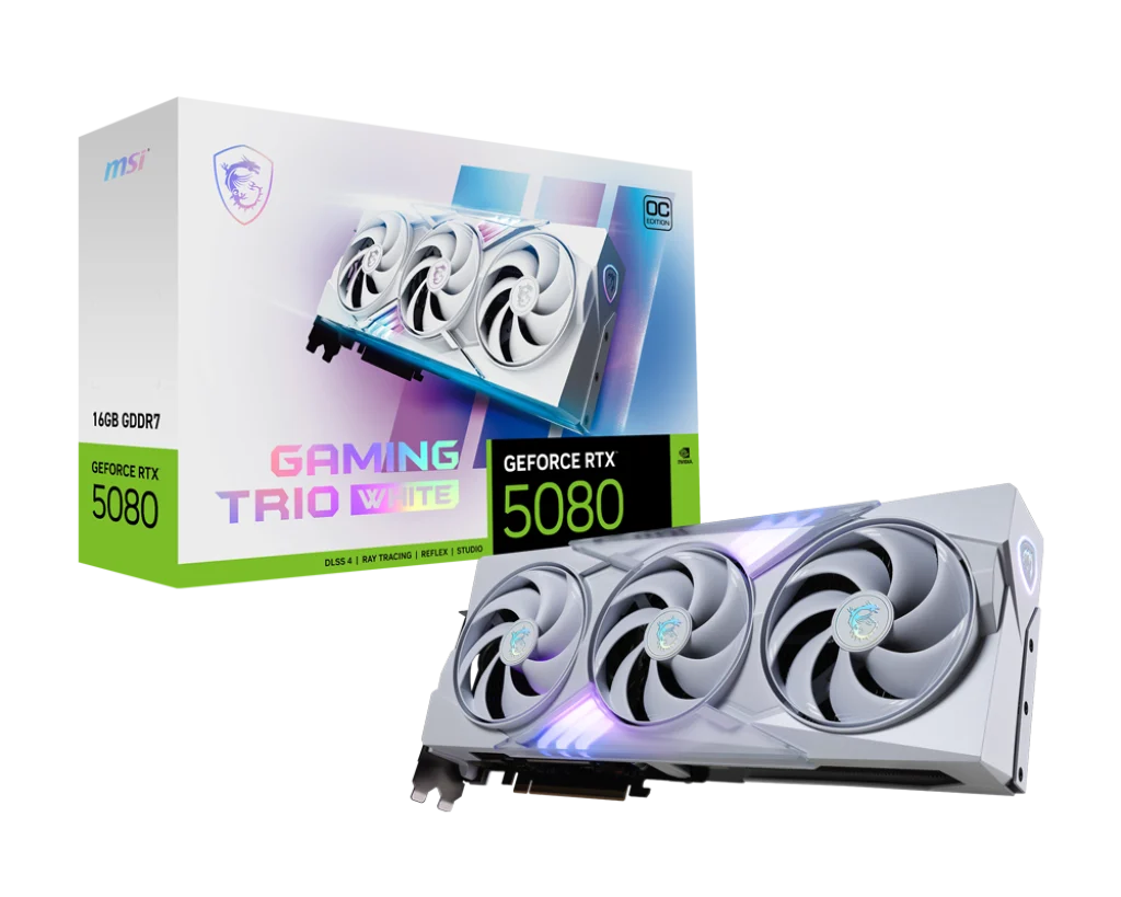 Видеокарта MSI GeForce RTX 5080 16G GAMING TRIO WHITE (G5080-16GTW) [16 ГБ, GDDR7, 256 бит, HDMI, DisplayPort (3 шт)]
