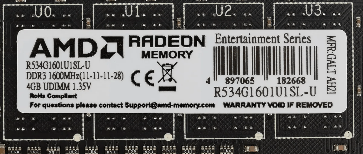 Оперативная память AMD Radeon R5 Entertainment Series (R534G1601U1SL-U) [4 ГБ, DDR 3, 1600 МГц, 1.35 В]