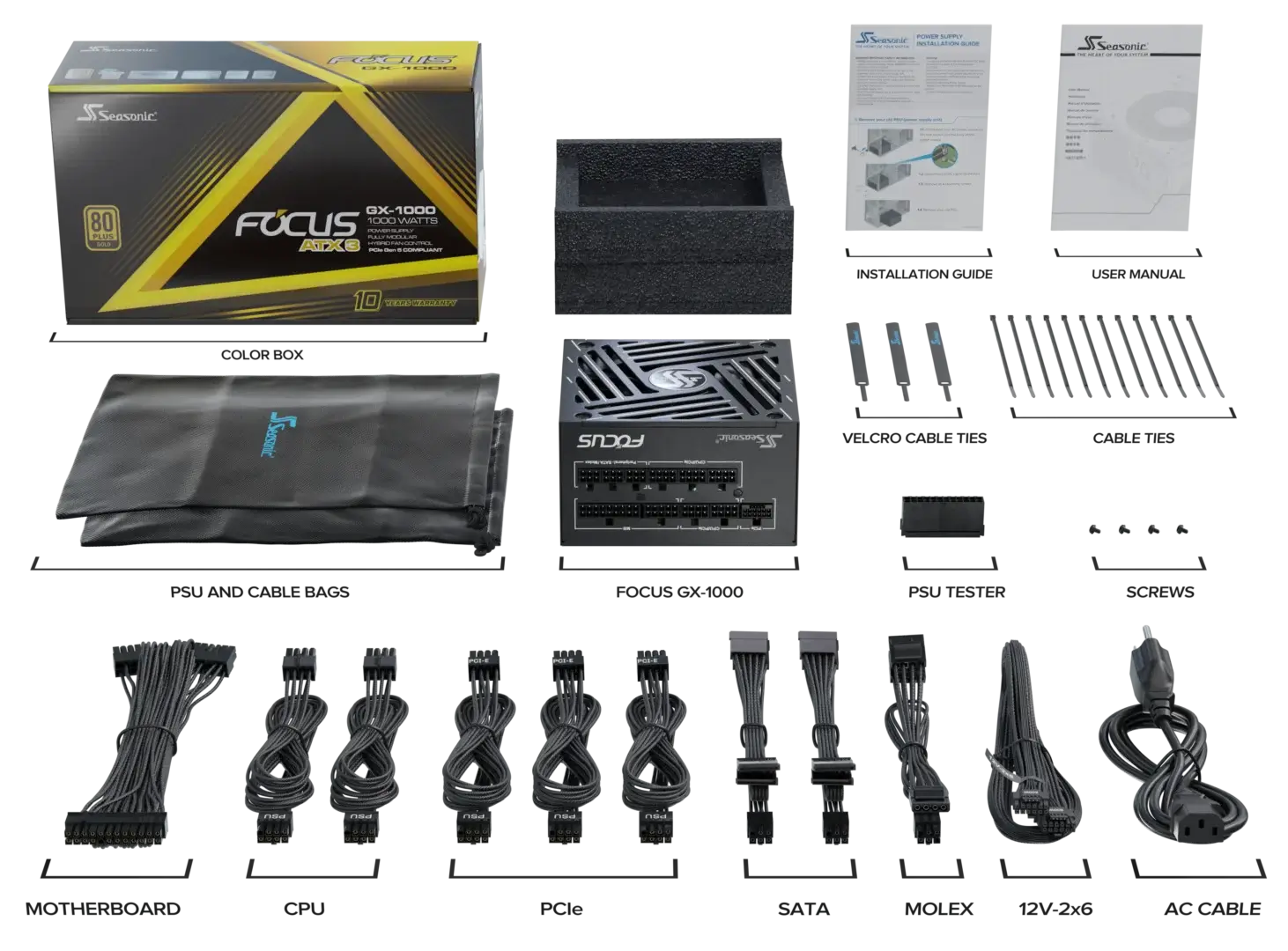 Блок питания Seasonic Focus GX-1000 (SRP-FGX102-A5A32SF) [1000 Вт, 80 PLUS Gold, 4x SATA, 3x 6+2 pin PCIe, 1x 4+4 pin CPU, ATX]