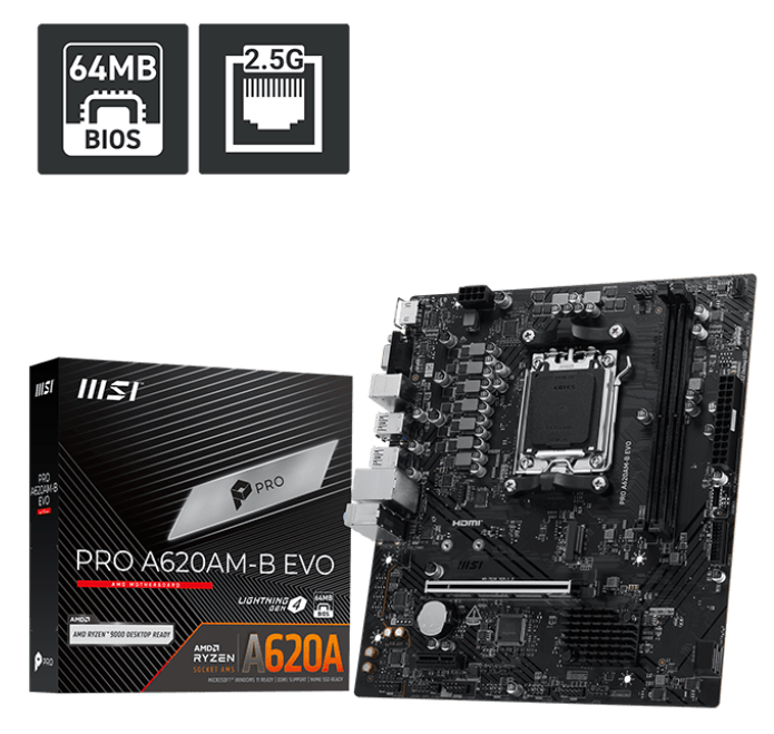 Материнская плата MSI PRO A620AM-B EVO [AM5, AMD A620, 2xDDR 5, 1xM.2, 1xPCI-E x16, Micro-ATX]