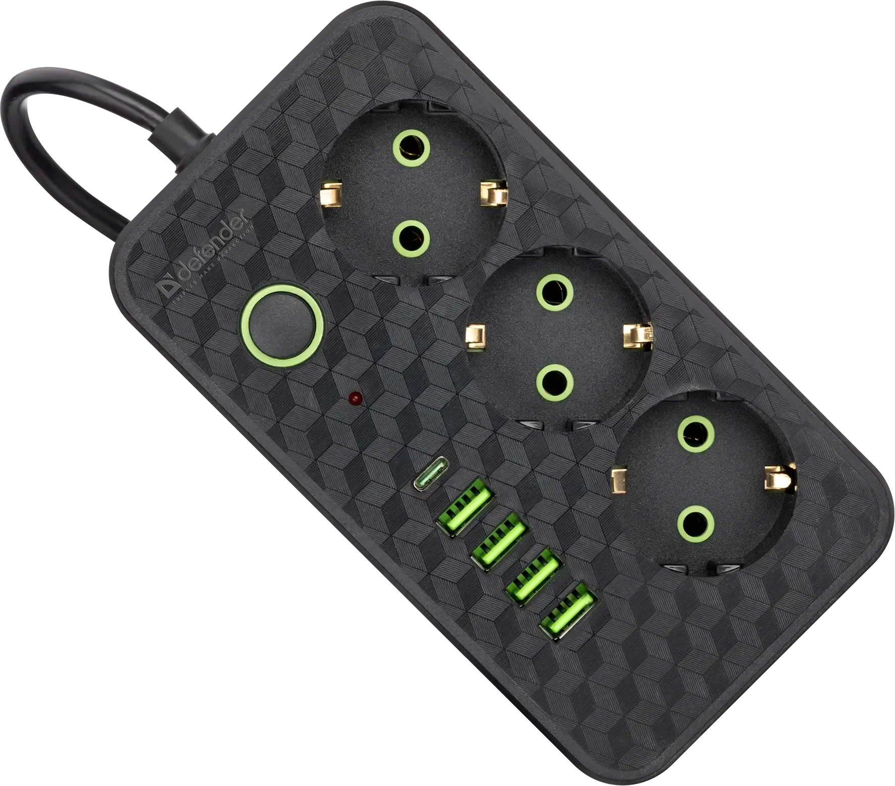 Удлинитель Defender без заземления R220 (99293) 3 м, 3 розетки, 4xUSB, 1xType-C, черный