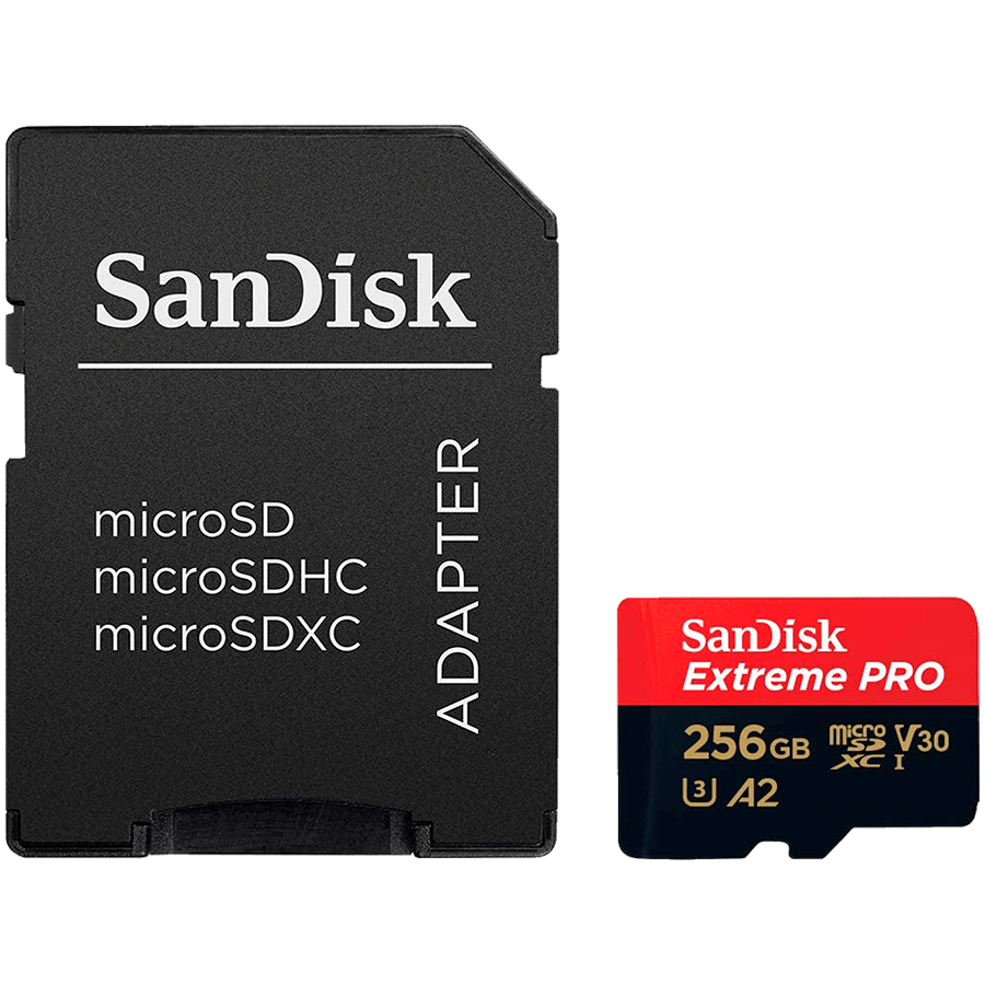Карта памяти SANDISK Extreme PRO microSDXC 256GB + SD Adapter, A2 C10 V30 UHS-I U3 (SDSQXCD-256G-GN6MA)