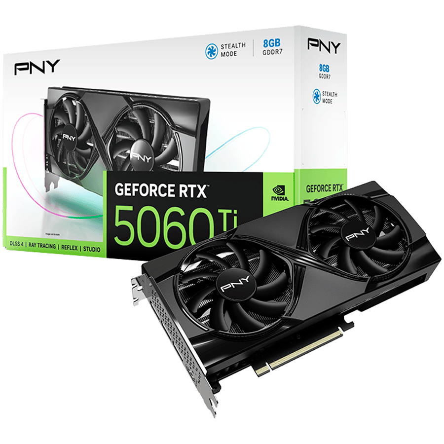 Видеокарта PNY GeForce RTX 5060 Ti 8GB Dual Fan (VCG5060T8DFXPB1) [8 ГБ, GDDR7, 128 бит, HDMI, DisplayPort (3 шт)]