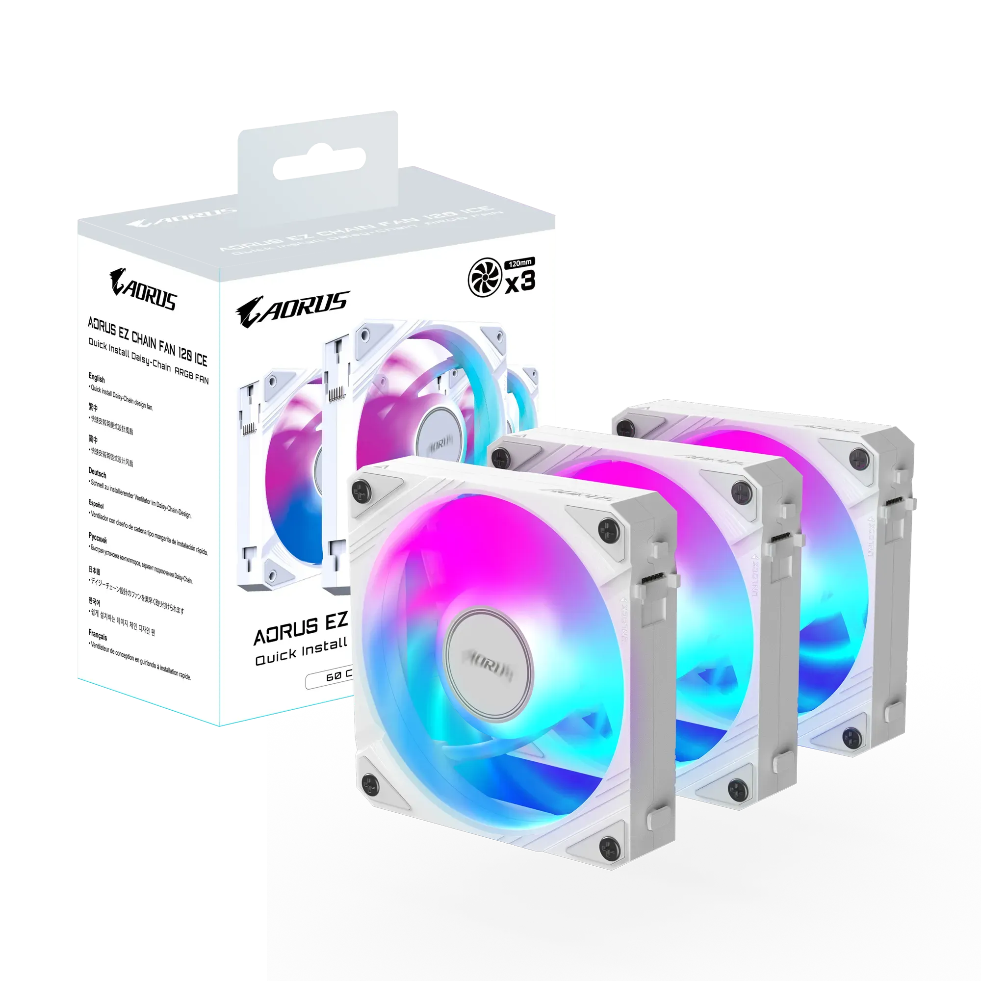Комплект вентиляторов для корпуса Gigabyte AORUS EZ CHAIN FAN 120 ICE (3-Pack) [120 мм, 2000 об/мин, 60 CFM, 29 dBA, PWM]