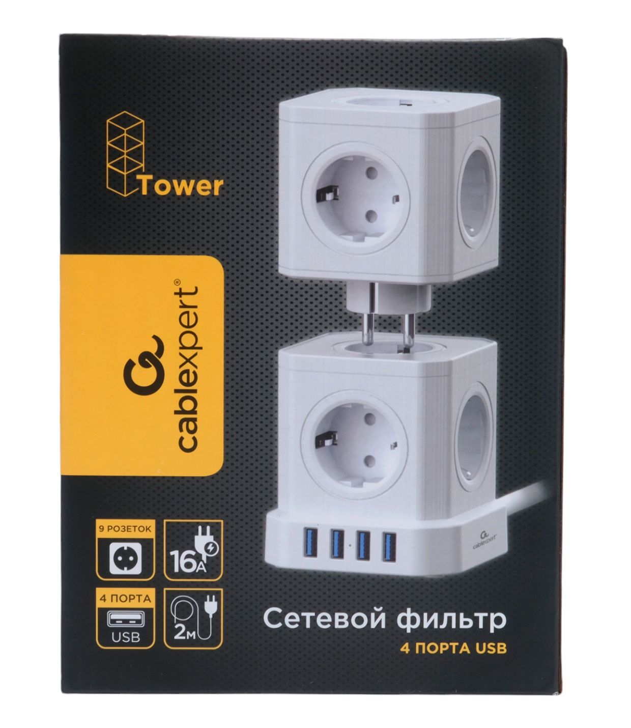 Сетевой фильтр Cablexpert Tower TWR-9-U4-W-2, 9р, 16А, 4хUSB, 3.1А, 2м, ур.защиты 4+, коробка белый