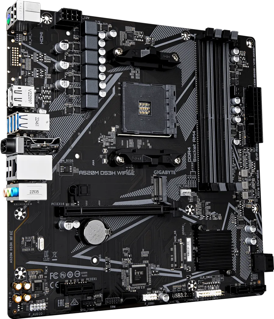 Материнская плата Gigabyte A520M DS3H WIFI6E [AM4, AMD A520, 4xDDR 4, 1xM.2, 1xPCI-E x16, Micro-ATX]