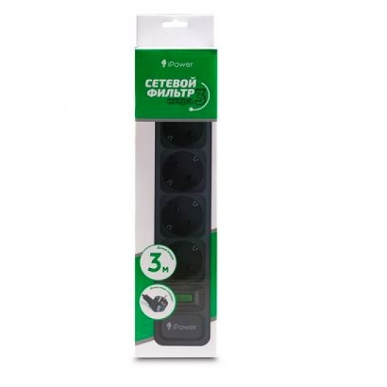 Сетевой фильтр iPower, iPEO3m, 6 розеток, кабель 3 м., черный