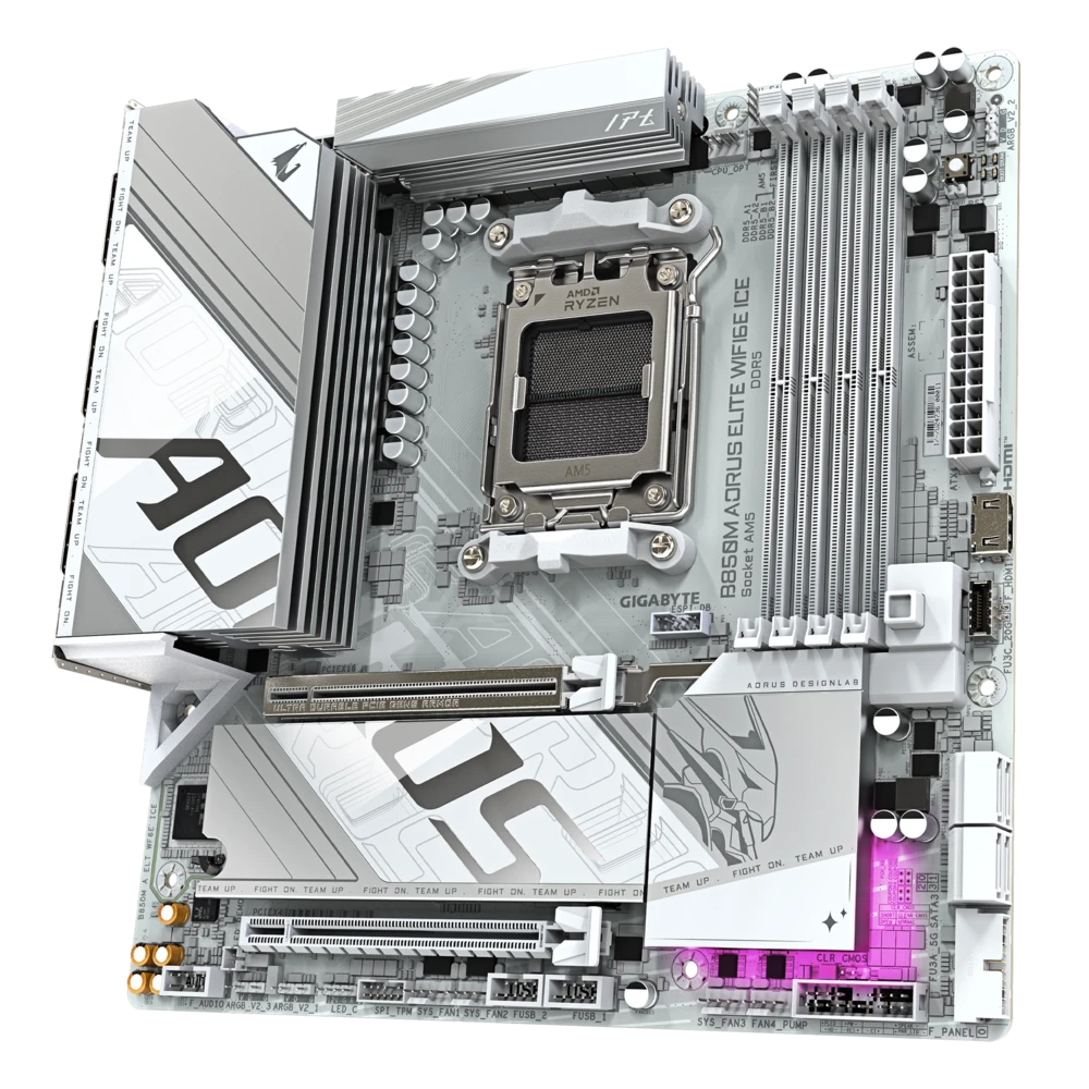 Материнская плата Gigabyte B850M A ELITE WIFI6E ICE (B850M A ELT WF6E ICE 1.1) [AM5, AMD B850, 4xDDR 5, 3xM.2, 2xPCI-E x16, Micro-ATX]