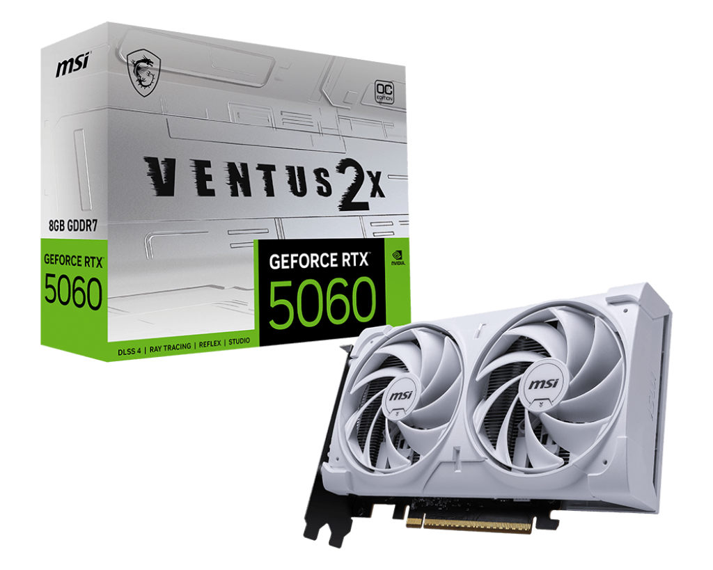 Видеокарта MSI GeForce RTX 5060 8G VENTUS 2X OC WHITE (G5060-8V2CW) [8 ГБ, GDDR7, 128 бит, HDMI, DisplayPort (3 шт)]