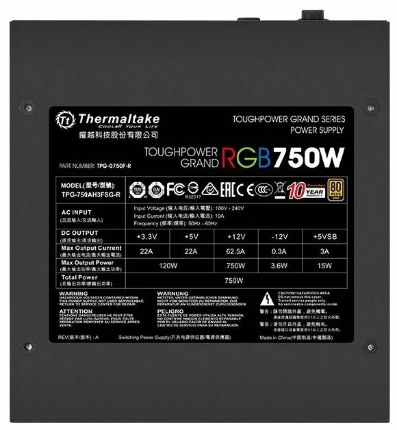 Блок питания Thermaltake Toughpower Grand RGB Sync Edition 750W (PS-TPG-0750FPCGEU-S), [750 Вт, 80 PLUS Gold, 9x SATA, 4x 6+2 pin PCIe, 1x 4+4 pin CPU, EPS12V]